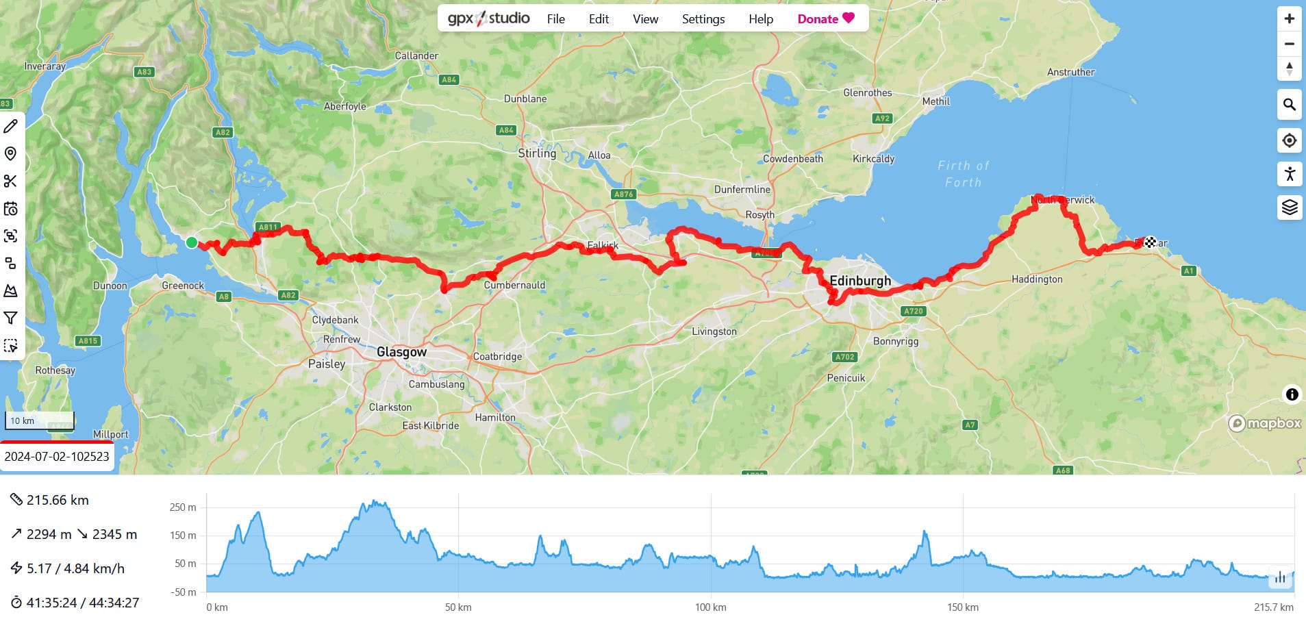 gpx.studio map of the John Muir Way route